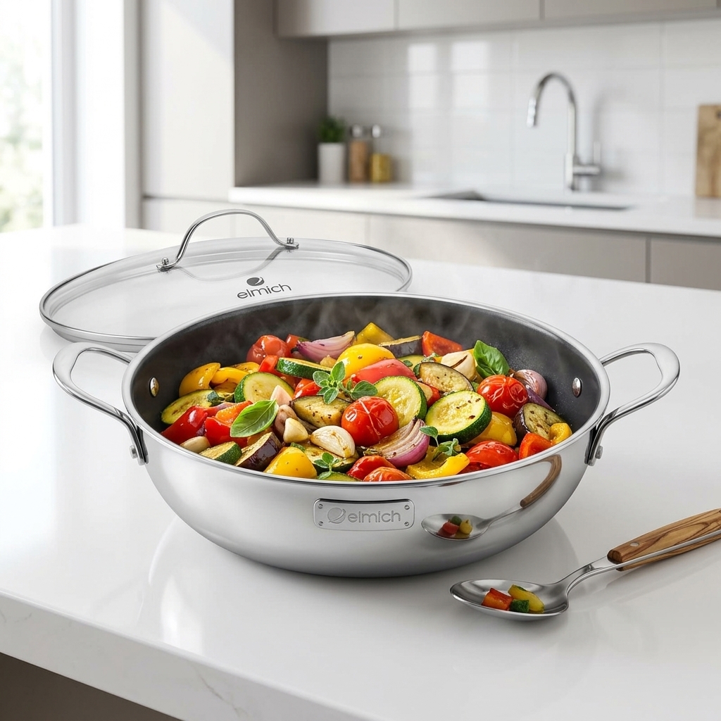 Chảo xào inox cao cấp 3 lớp đáy liền Elmich Plus Trimax EL-3797-28cm