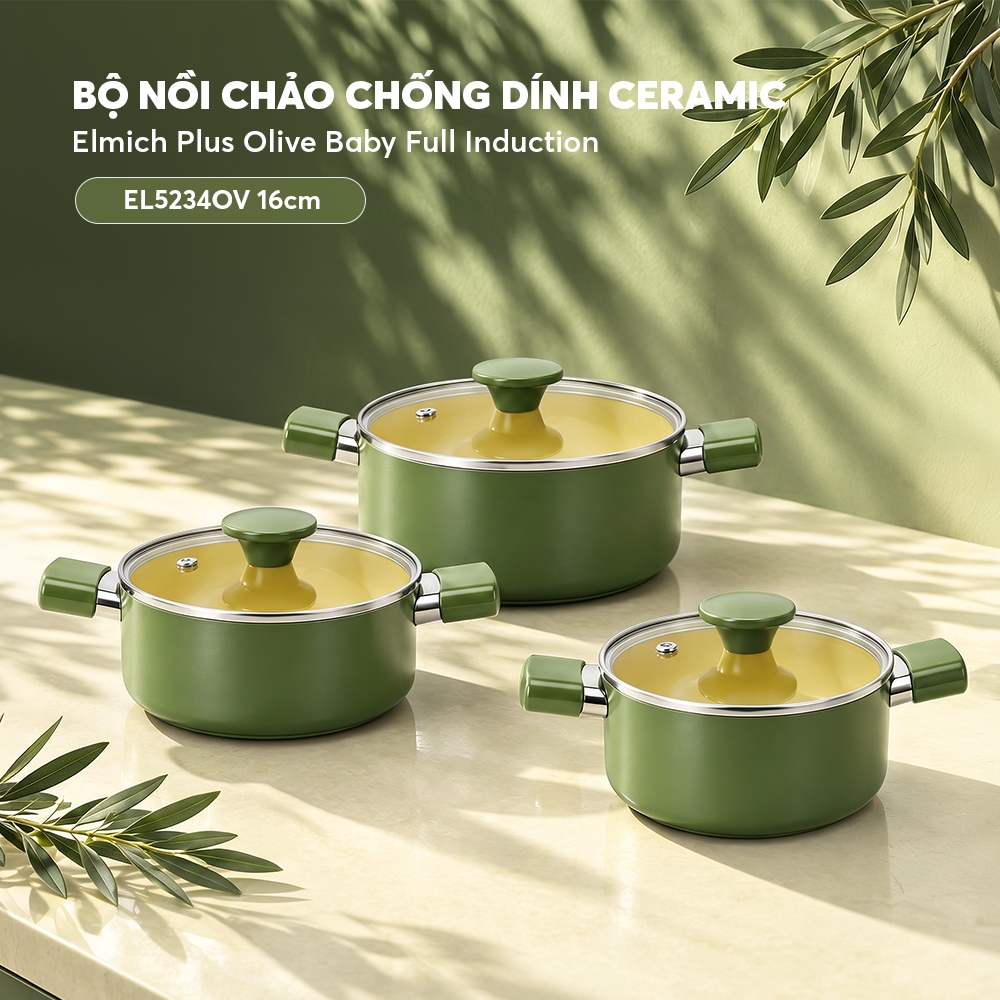 Bộ nồi chống dính ceramic Elmich Daily Olive Classic EL5229OV03-18, 20, 24cm