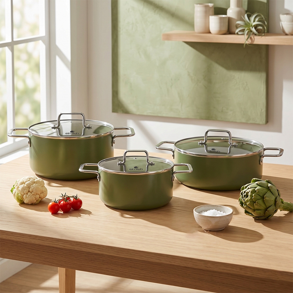 Bộ nồi phủ sứ chống dính Elmich Olive Classic EL-5231OV01 size nồi 18,20, nồi lẩu 26cm