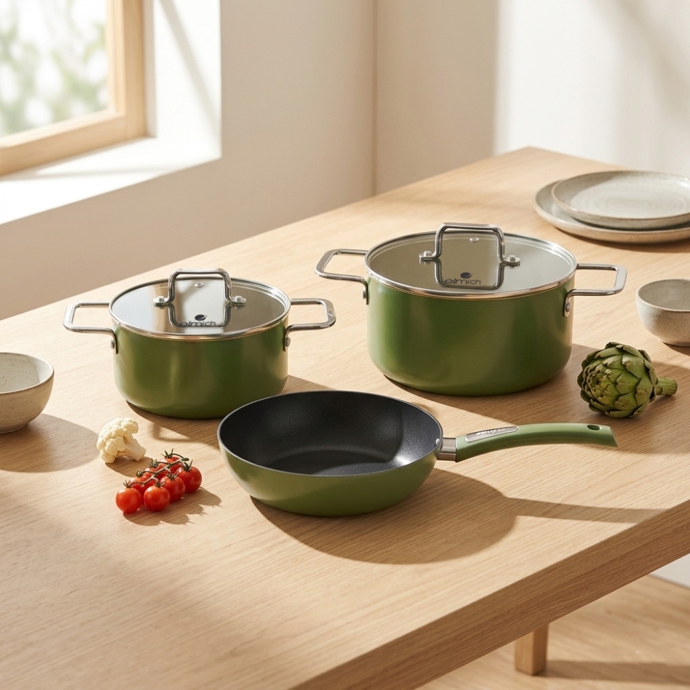 Bộ nồi chảo phủ sứ chống dính Elmich Olive Classic EL-5232OV02 size nồi 18,24, chảo 24cm