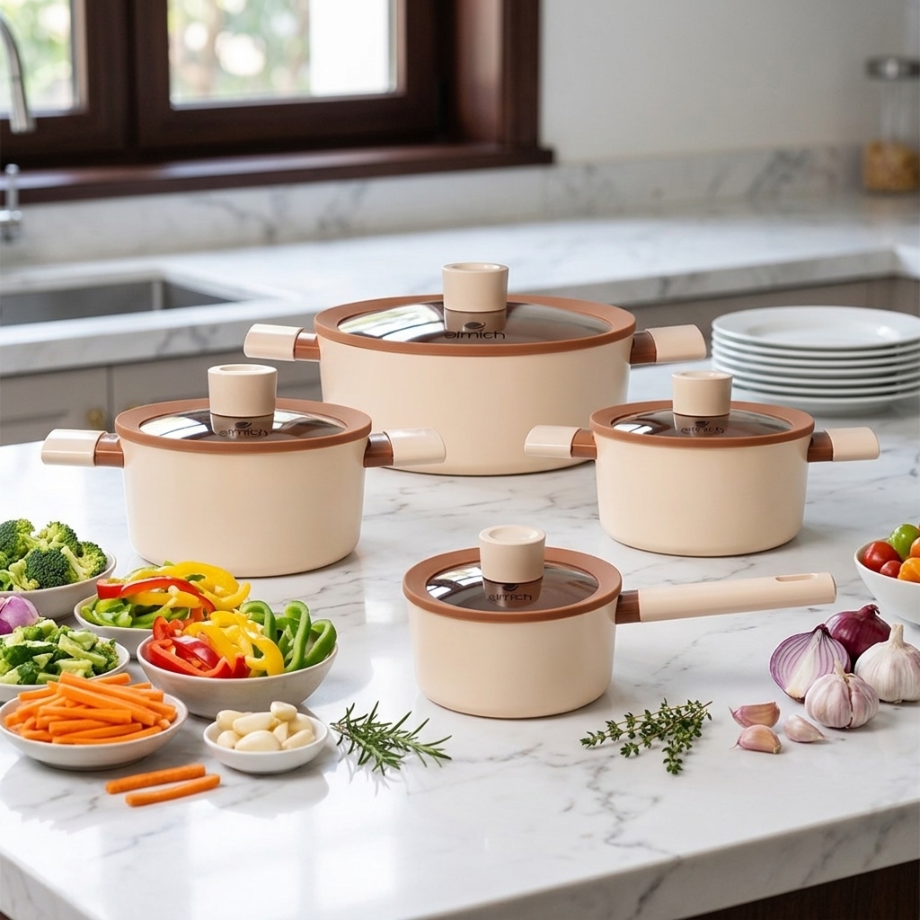 Bộ nồi chống dính ceramic Elmich Plus Mocha EL5243MC04-18, 20, 24, quánh 16cm