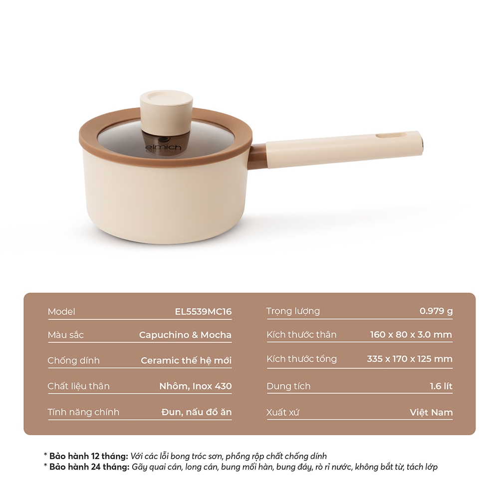 Quánh chống dính Ceramic Elmich Mocha EL5539MC16 Size 16cm