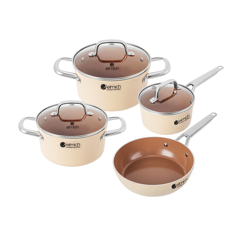 Bộ nồi ceramic Elmich Plus Mocha 16, 20, 24, chảo 24cm