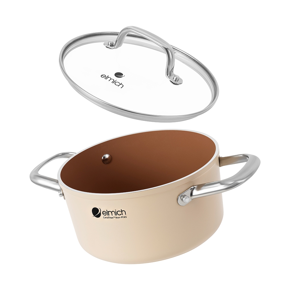Bộ nồi ceramic Elmich Plus Mocha 16, 20, 24, chảo 24cm