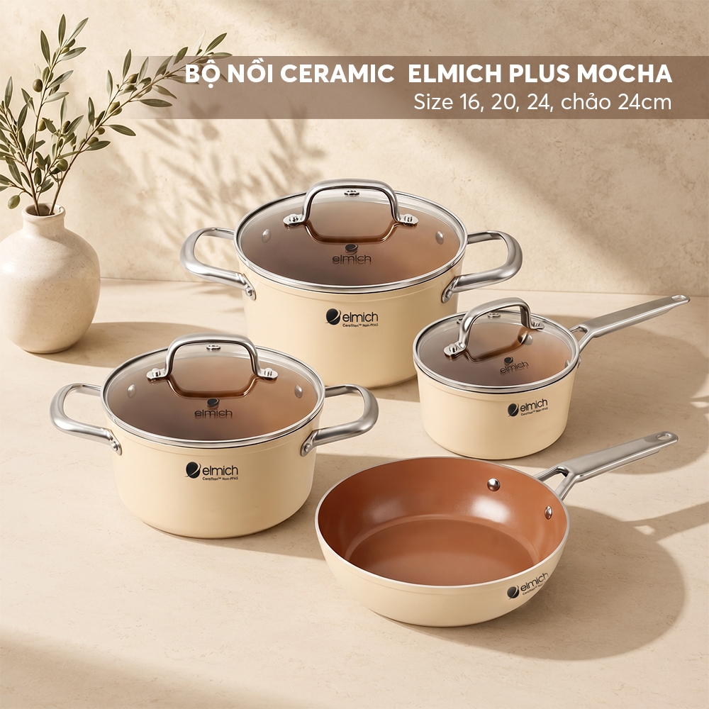 Bộ nồi ceramic Elmich Plus Mocha 16, 20, 24, chảo 24cm