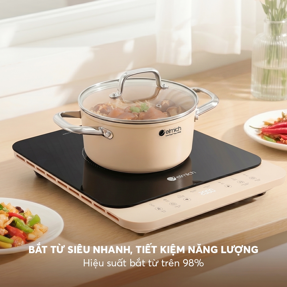 Bộ nồi ceramic Elmich Plus Mocha 16, 20, 24, chảo 24cm