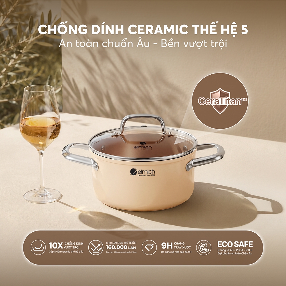 Bộ nồi ceramic Elmich Plus Mocha 16, 20, 24, chảo 24cm