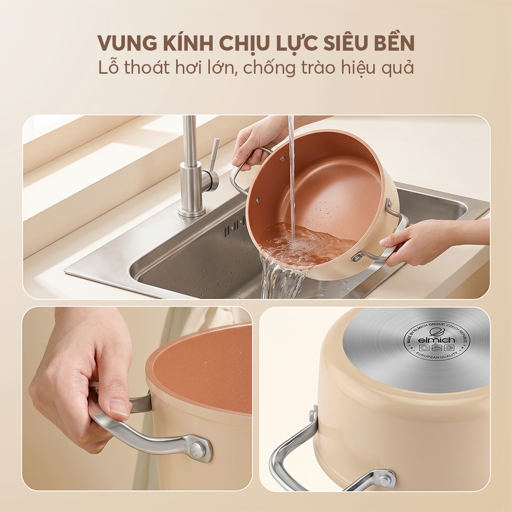 Bộ nồi ceramic Elmich Plus Mocha 16, 20, 24, chảo 24cm
