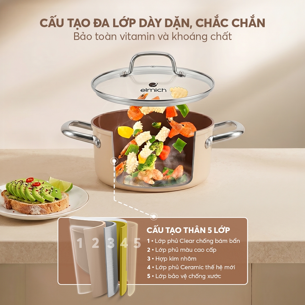 Bộ nồi ceramic Elmich Plus Mocha 16, 20, 24, chảo 24cm