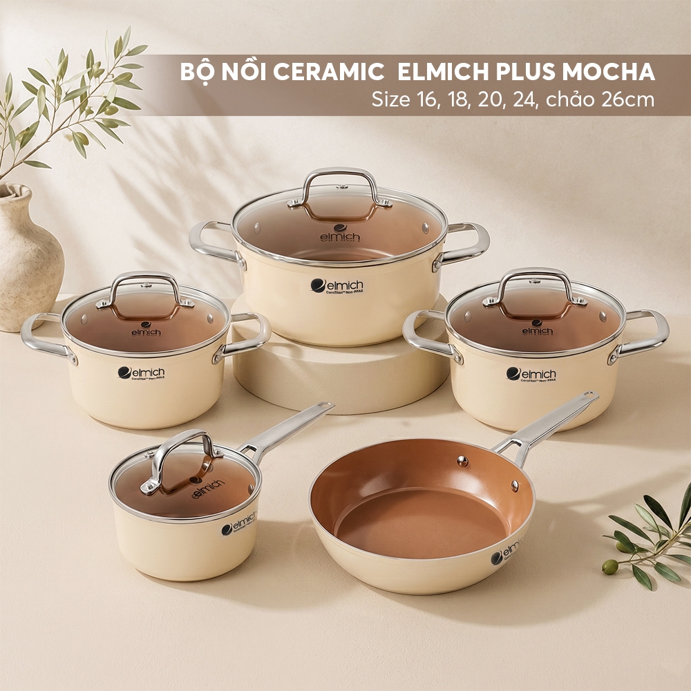 Bộ nồi ceramic Elmich Plus Mocha 16, 18, 20, 24, chảo 26cm