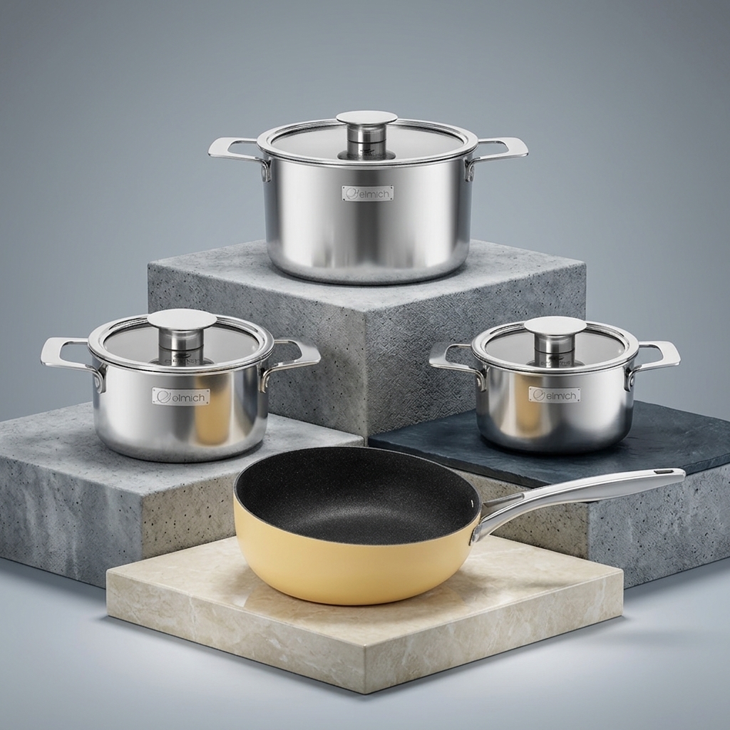 Bộ nồi Inox liền khối Elmich Hera EL-8138IN size 16, 18, 22 chảo chống dính full induction 26cm