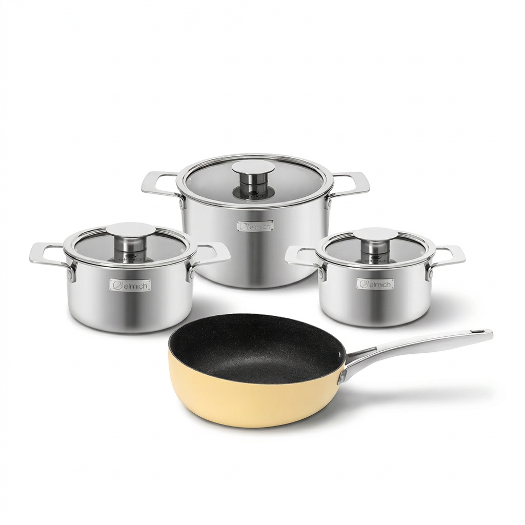 Bộ nồi Inox liền khối Elmich Hera EL-8138IN size 16, 18, 22 chảo chống dính full induction 26cm