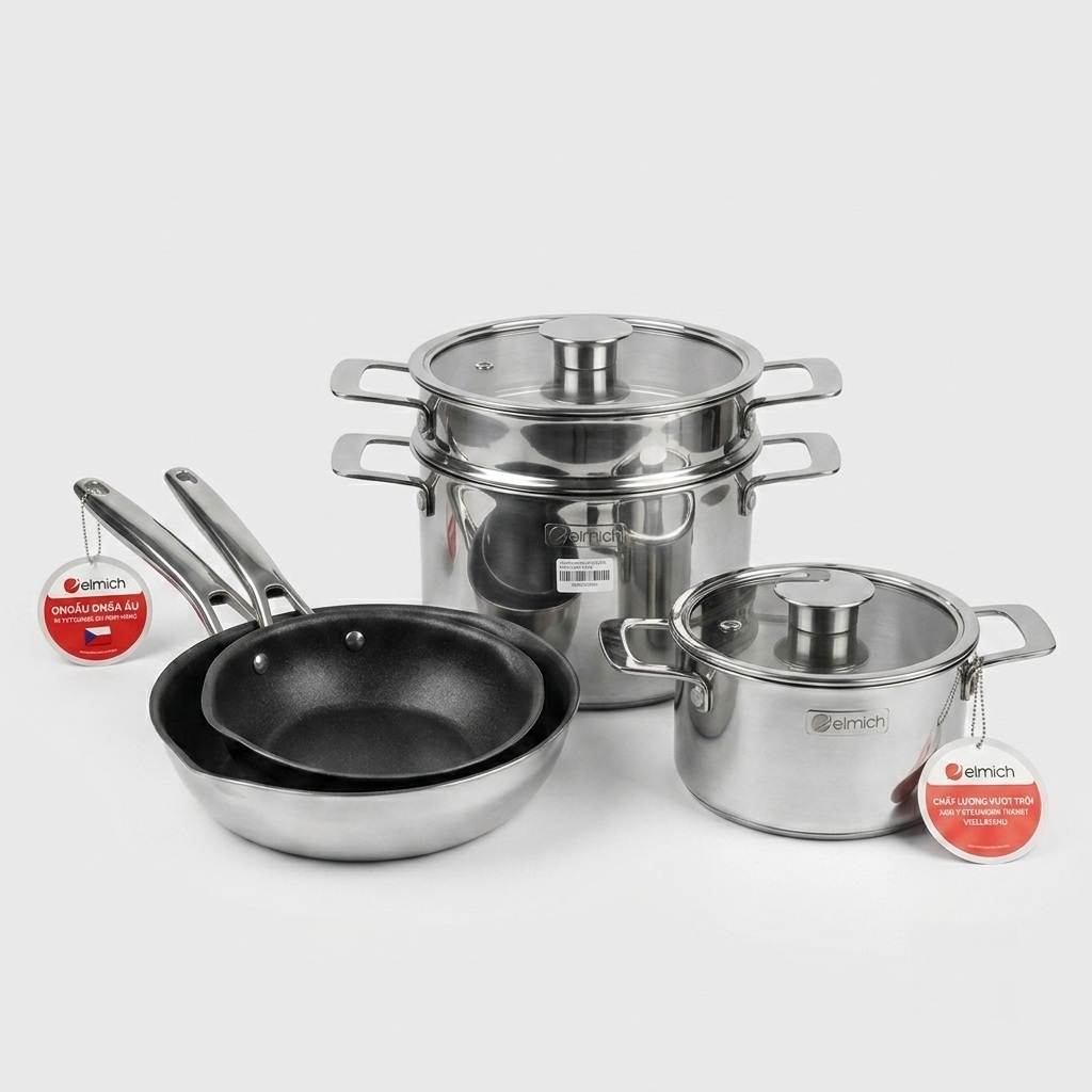Bộ nồi Inox liền khối Elmich Hera EL-8134IN size 18, nồi hấp 22 chảo 20, chảo 26cm