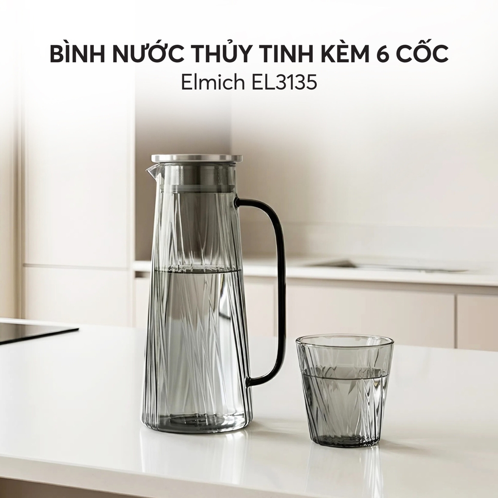 Bộ bình nước thủy tinh kèm 6 cốc Elmich EL3135
