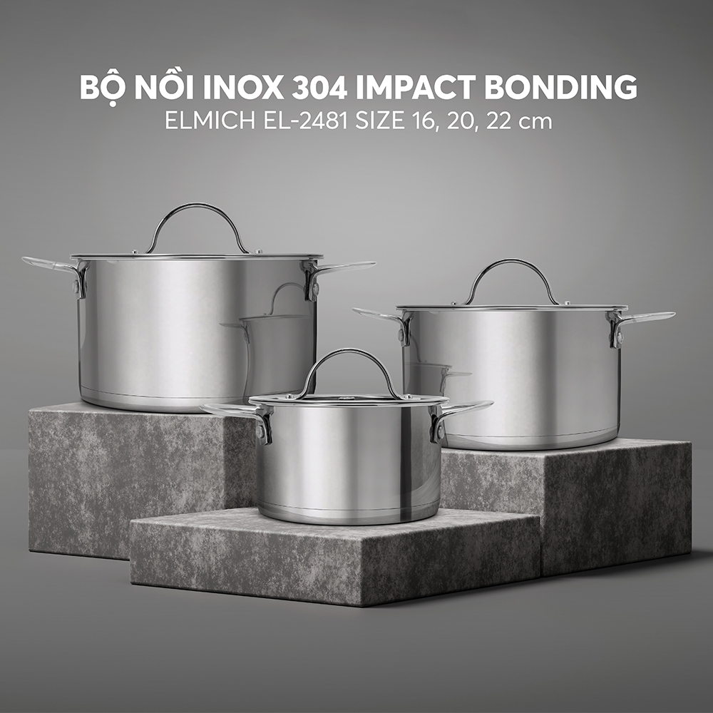 Bộ nồi Inox 304 Impact bonding Elmich EL2481 size 16,20,22cm