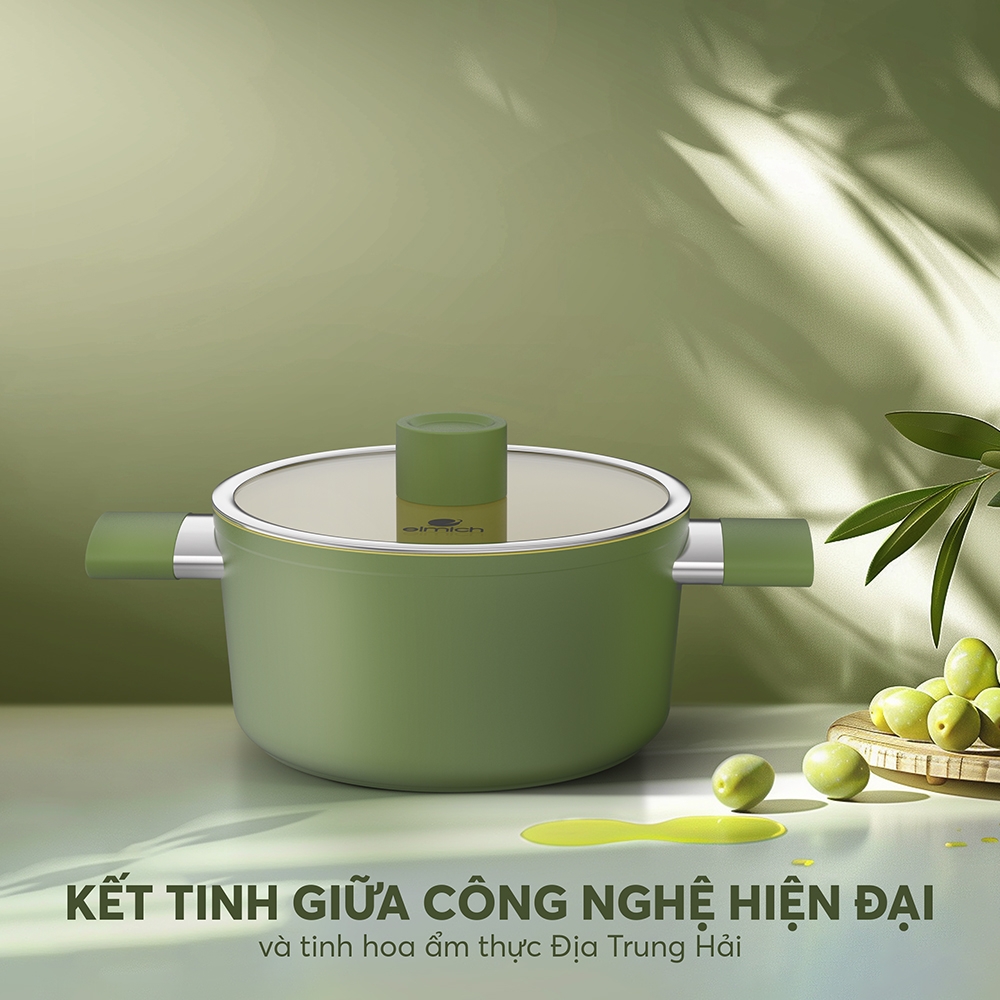 Bộ nồi chống dính ceramic Elmich Plus Olive EL5220OV04 quánh 16, nồi 20, 24 chảo 26cm