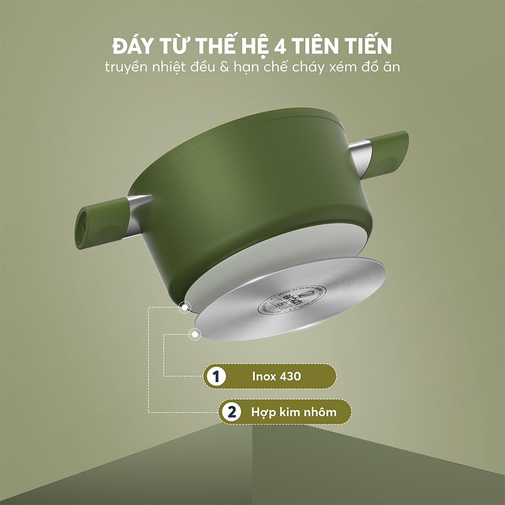 Bộ nồi chống dính ceramic Elmich Plus Olive EL5220OV04 quánh 16, nồi 20, 24 chảo 26cm