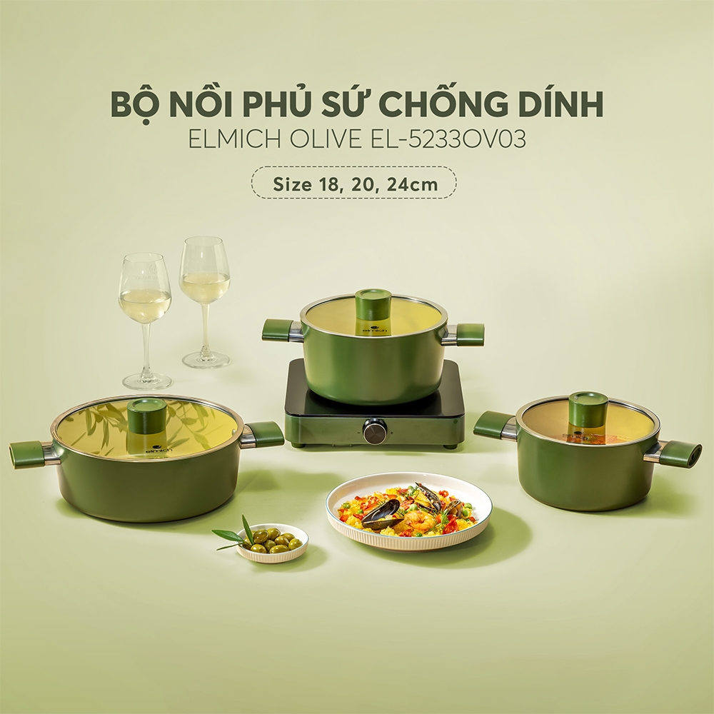 Bộ nồi chống dính Ceramic Elmich Plus Olive EL5233OV03-18,20,24cm