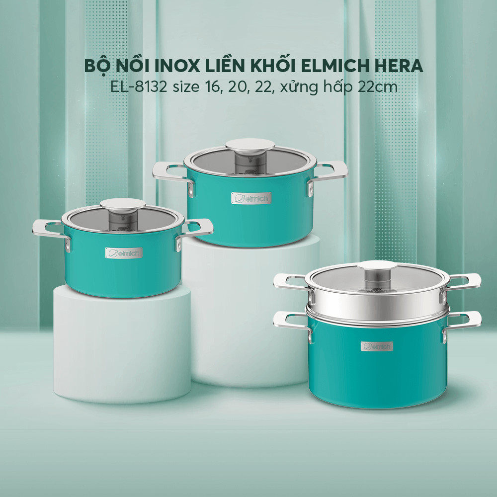 Bộ nồi Inox liền khối Elmich Hera EL-8192 size 16,20,22 xửng hấp 22cm