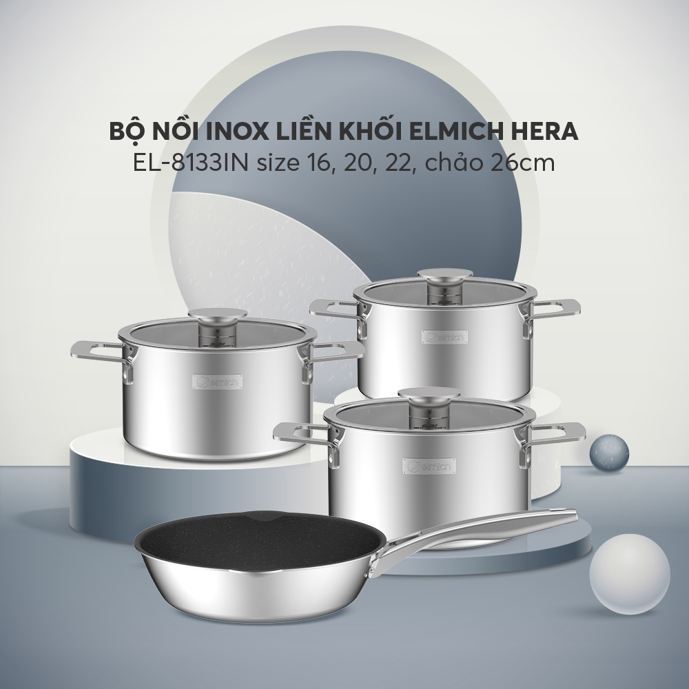 Bộ nồi inox liền khối Elmich Hera EL-8133IN size 16,20,22cm, chảo 26cm