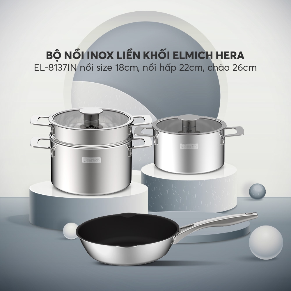 Bộ nồi Inox liền khối Elmich Hera EL-8137IN size 18, nồi hấp 22, chảo 26cm