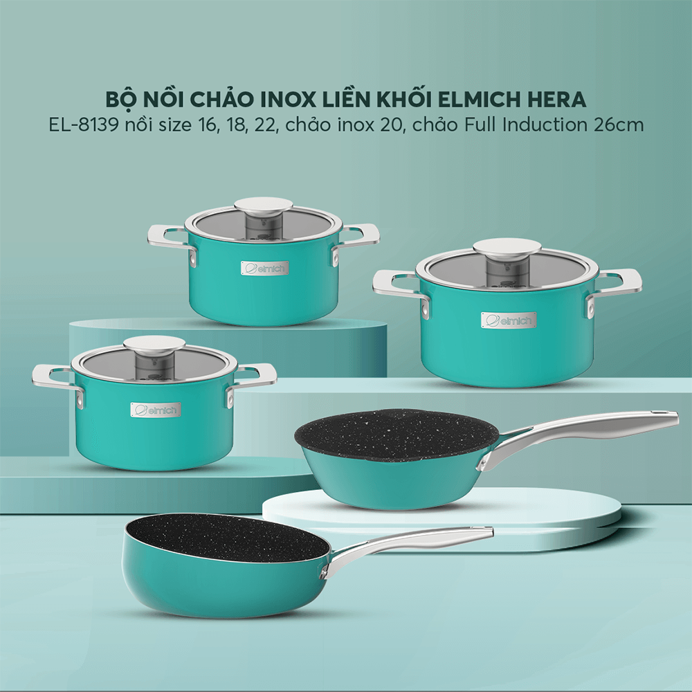 Bộ nồi Inox liền khối Elmich Hera size 16,18,22 chảo inox 20,chảo full induction 26cm
