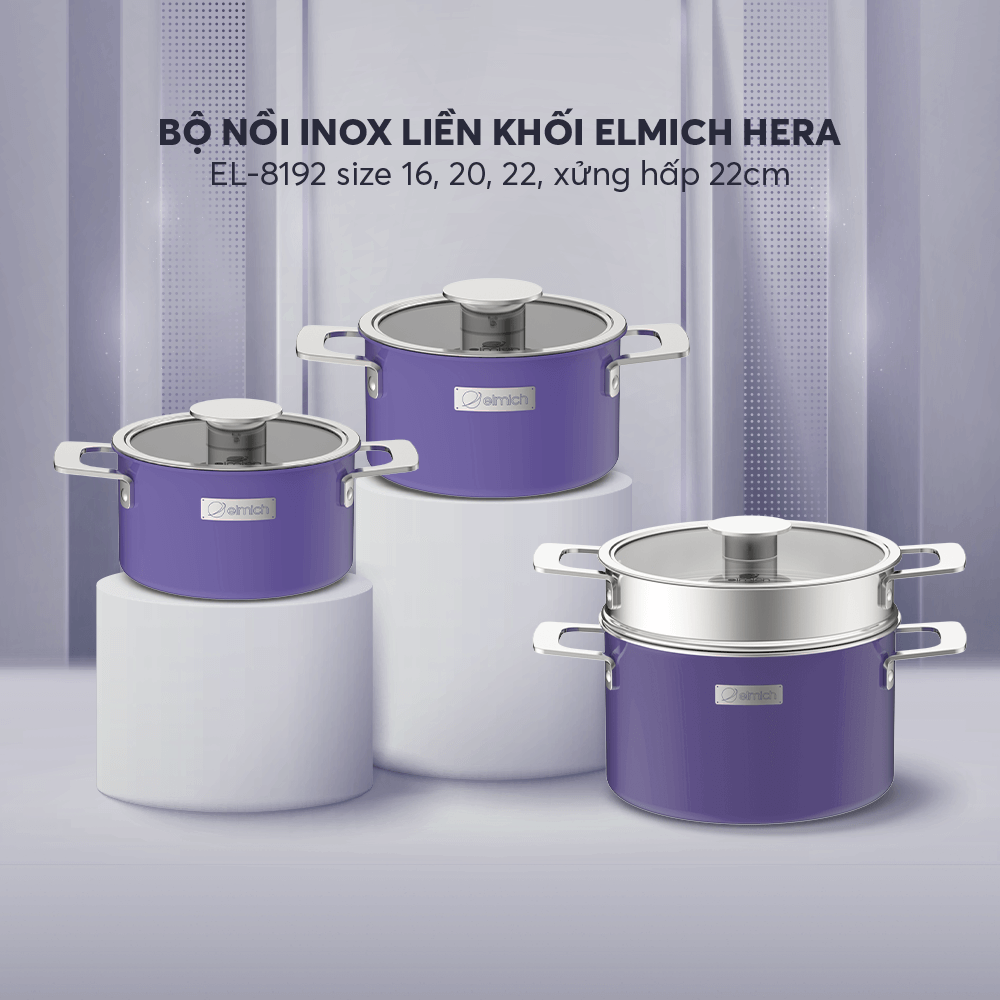 Bộ nồi Inox liền khối Elmich Hera EL-8192 size 16,20,22 xửng hấp 22cm