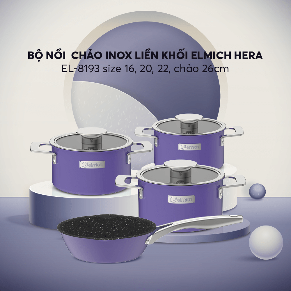Bộ nồi Inox liền khối Elmich Hera size 16,20,22 chảo 26cm