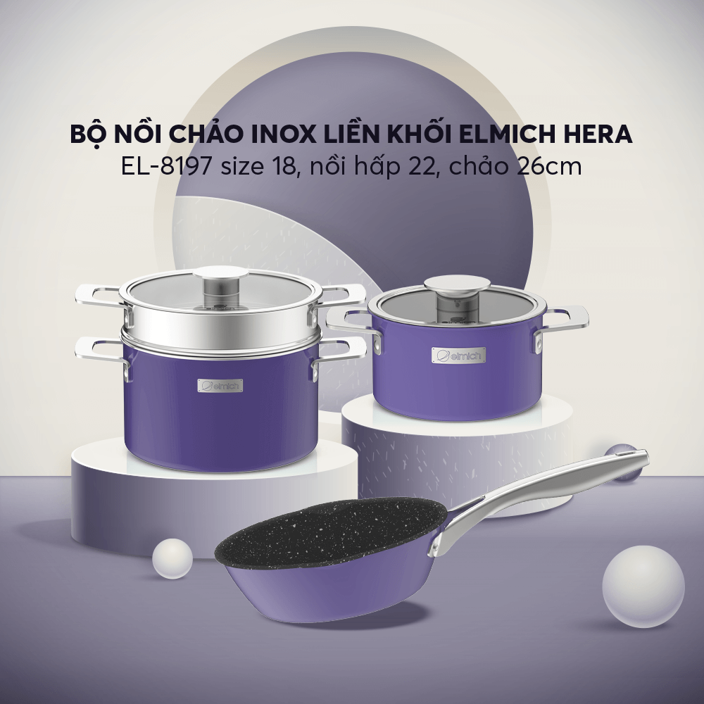 Bộ nồi Inox liền khối Elmich Hera EL-8197 size 18,nồi hấp 22,chảo 26cm