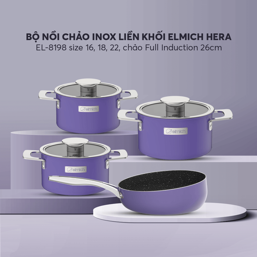 Bộ nồi Inox liền khối Elmich Hera size 16,18,22 chảo full induction 26cm