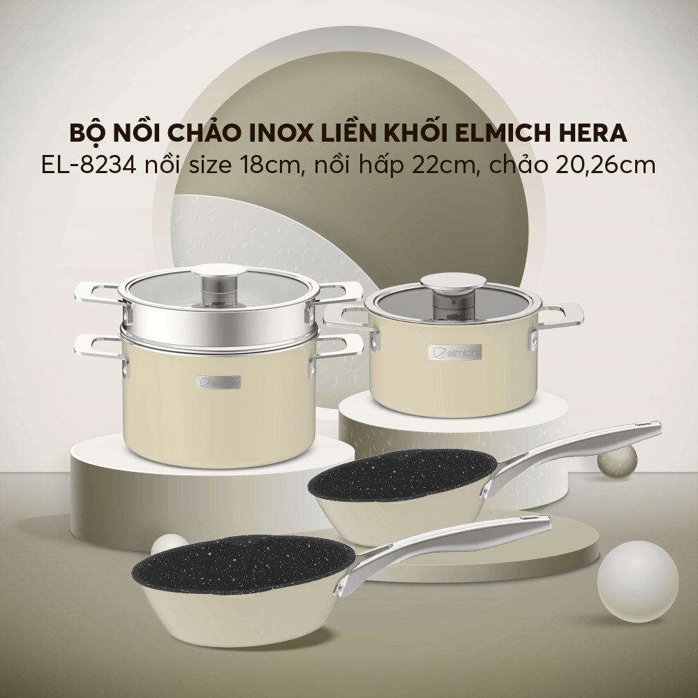 Bộ nồi Inox liền khối Elmich Hera size 18, nối hấp 22 chảo 20, chảo 26cm