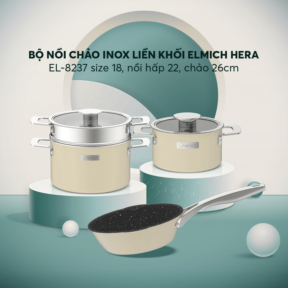 Bộ nồi Inox liền khối Elmich Hera EL-8237 size 18,nồi hấp 22,chảo 26cm