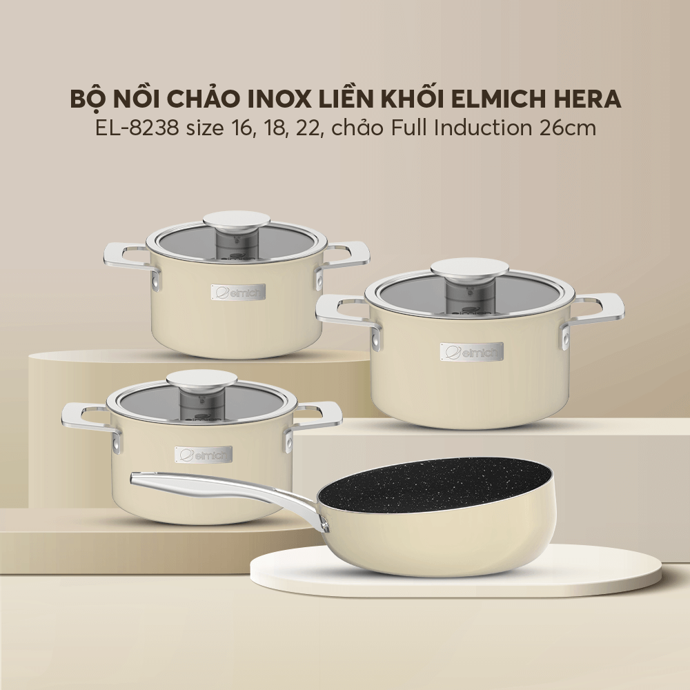 Bộ nồi Inox liền khối Elmich Hera size 16,18,22 chảo full induction 26cm