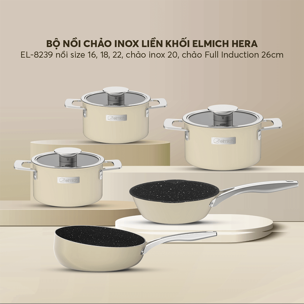 Bộ nồi Inox liền khối Elmich Hera size 16,18,22 chảo inox 20,chảo full induction 26cm