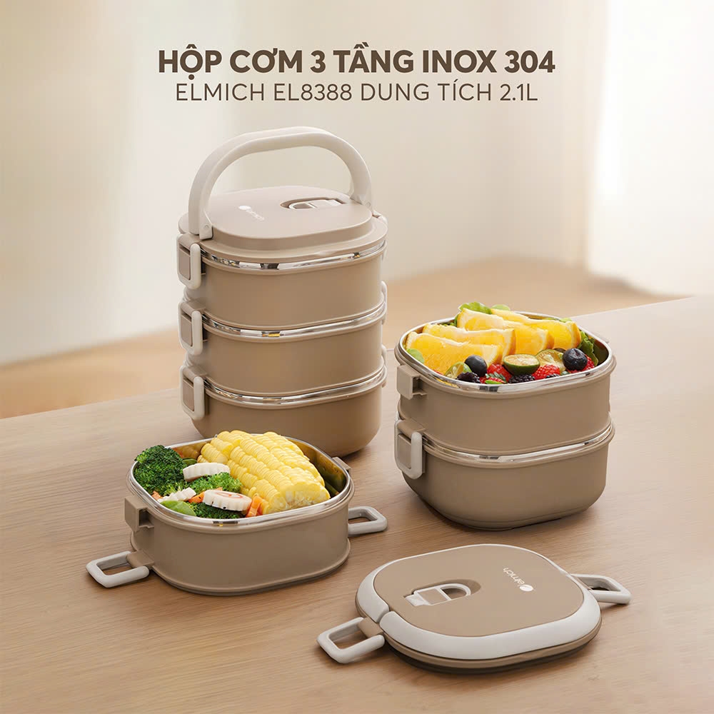 Hộp cơm 3 tầng inox 304 Elmich EL8388 dung tích 2.1L