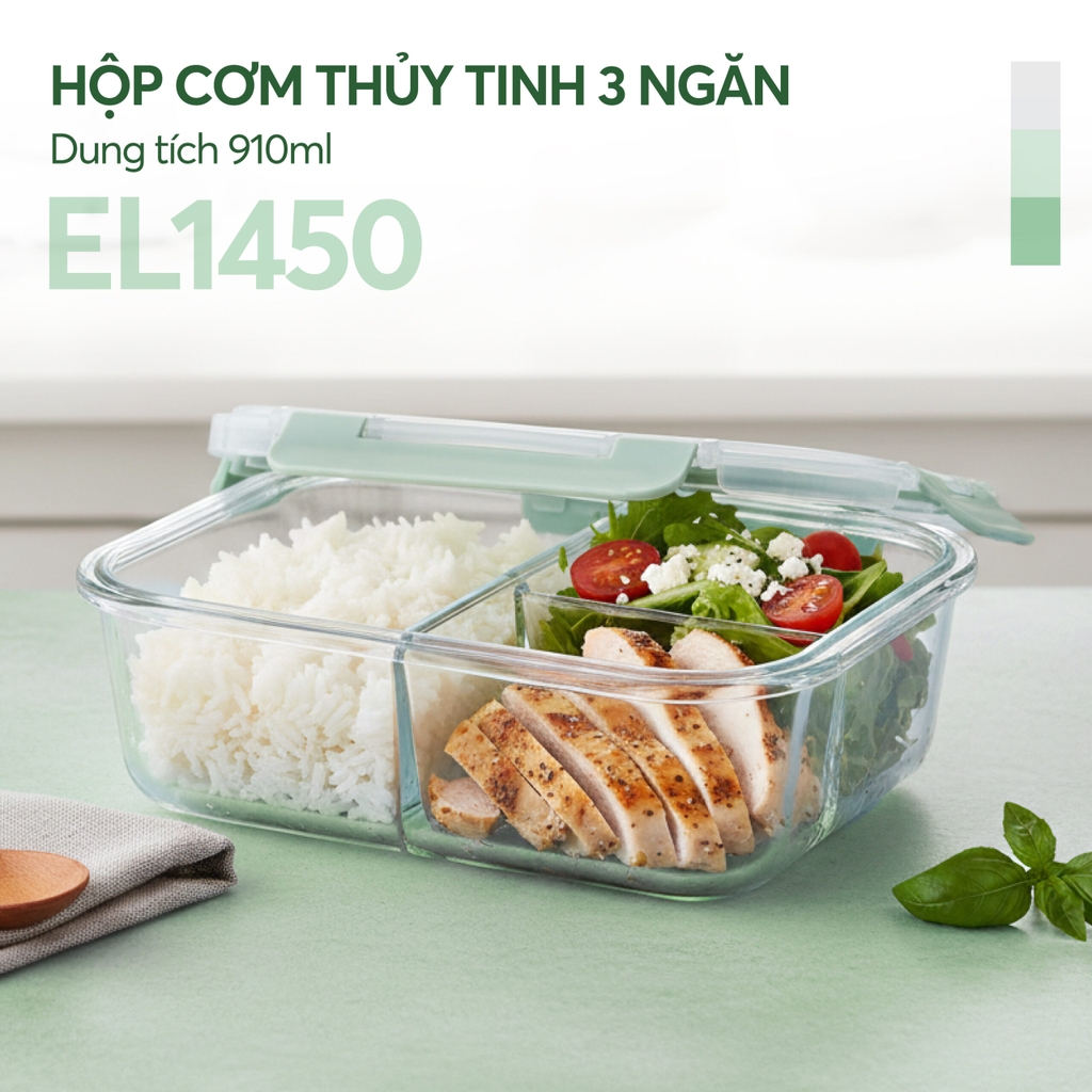 Hộp cơm thủy tinh 3 ngăn Elmich EL1450 dung tích 910ml