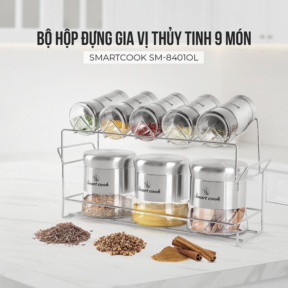 Bộ hộp đựng gia vị thủy tinh 9 món Smartcook SM-8401OL