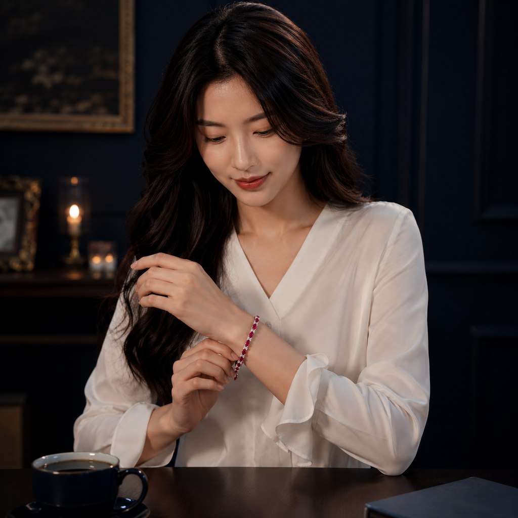 Vòng tay bạc s925 cao cấp đính đá Ruby đỏ