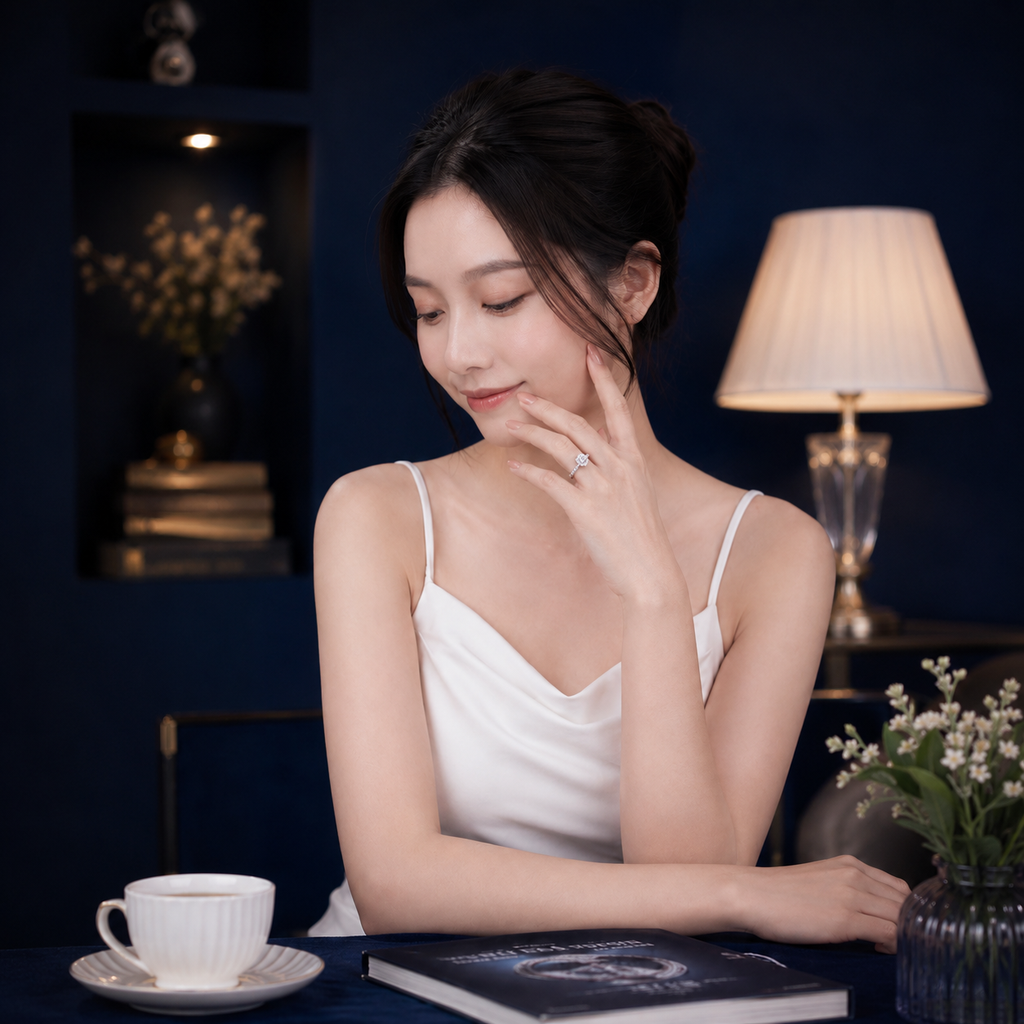 Nhẫn nữ moissanite bạc s925 cao cấp dáng mềm halo, thanh lịch