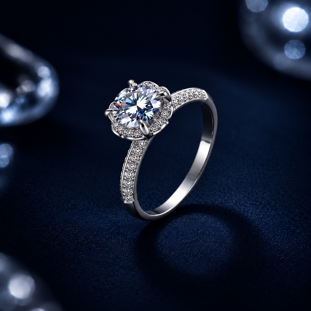 Nhẫn nữ moissanite bạc s925 cao cấp dáng mềm halo, thanh lịch