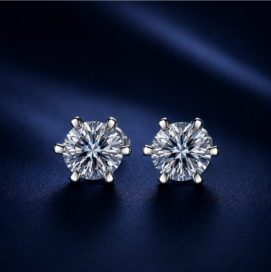 Bông tai bạc 925 đính moissanite – dáng nụ tròn chấu 6 cổ điển