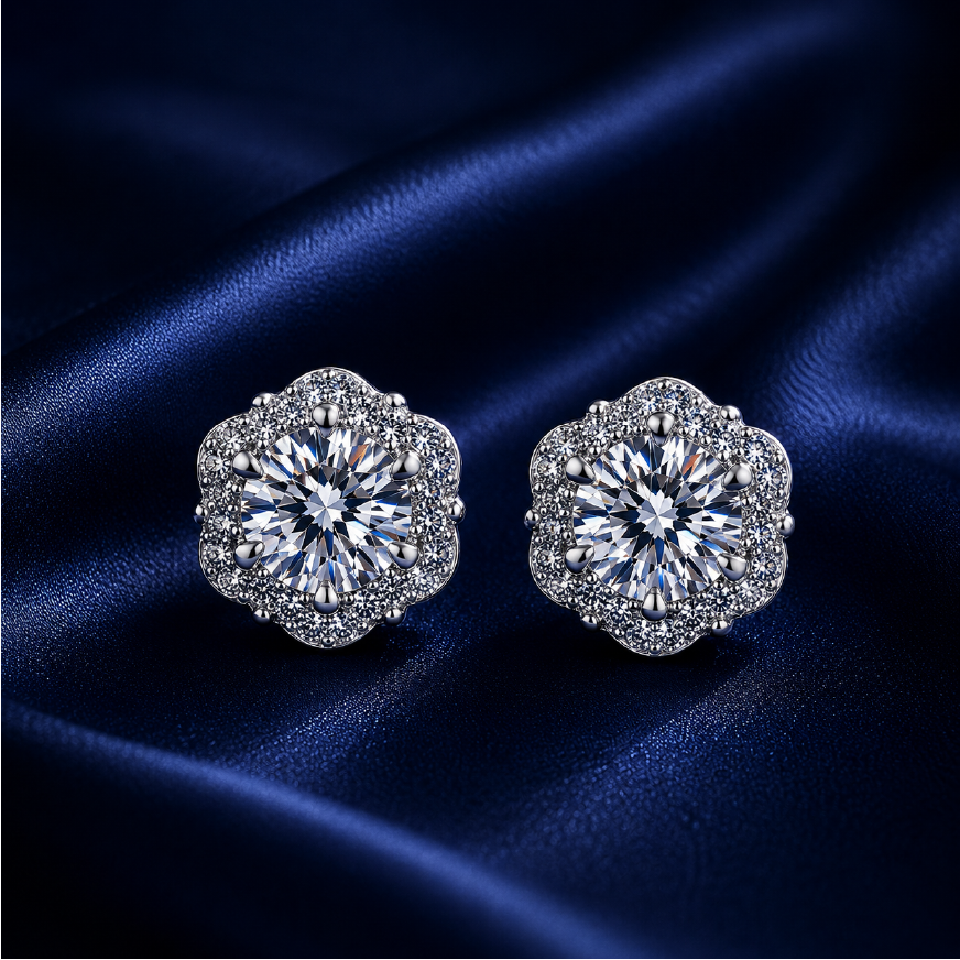 Bông tai bạc 925 đính moissanite – dáng hoa rosette viền halo