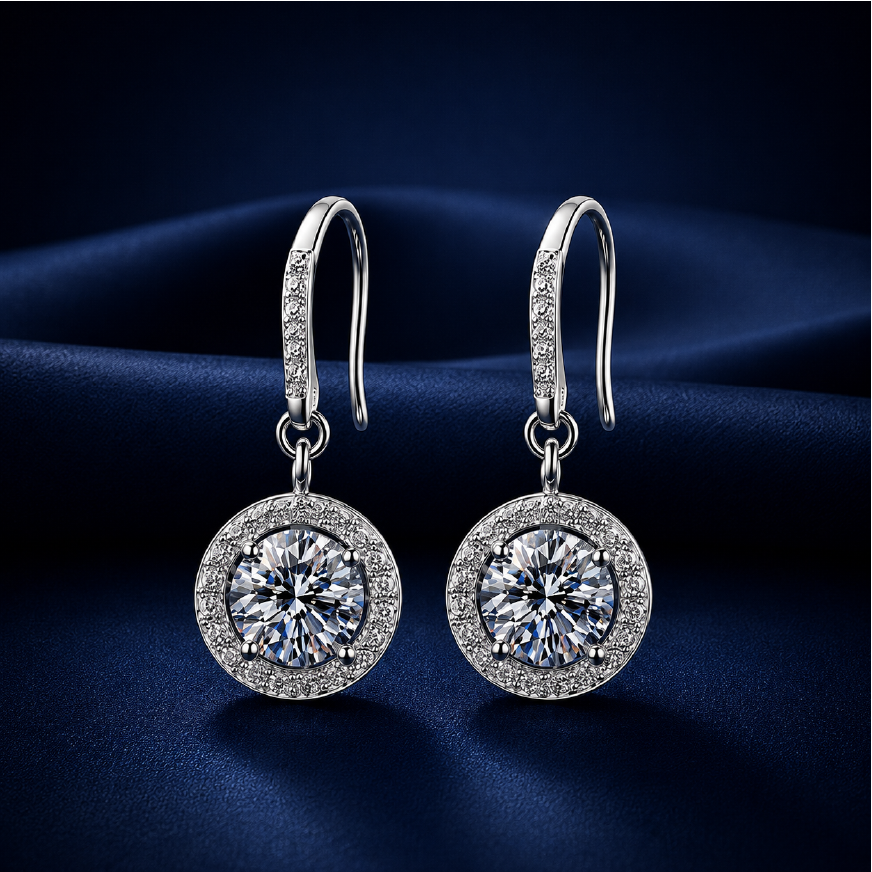 Bông tai Moissanite Halo bạc s925 Cao cấp – ánh sáng tròn đầy, đeo nhẹ | Hải Hà Jewelry