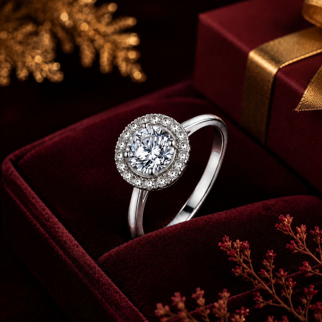 Nhẫn nữ bạc s925 đính moissanite halo cao cấp – ánh sáng tròn đầy, đeo nhẹ tay