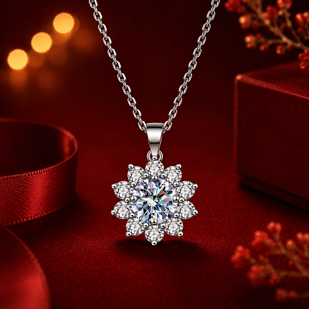 Dây chuyền bạc 925 đính moissanite 1 carat dáng hoa tinh tế | Hải Hà Jewelry
