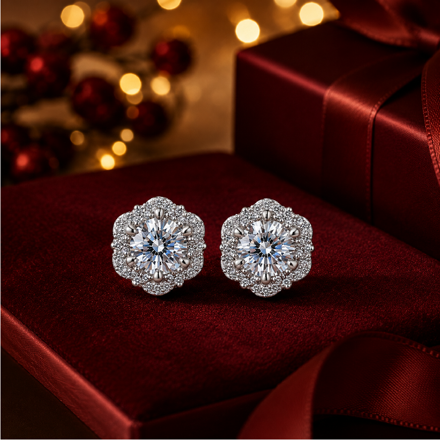Bông tai bạc 925 đính moissanite – dáng hoa rosette viền halo