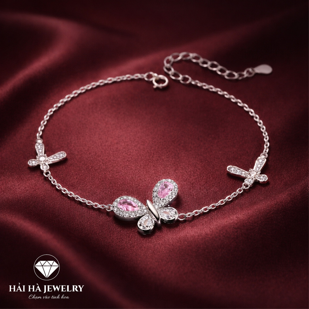 Vòng bạc bướm hồng điểm xuyết – Dịu dàng giữ lấy những rung động đầu tiên | Hải Hà Jewelry