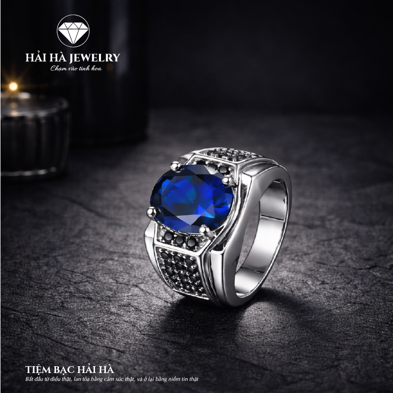 Nhẫn bạc nam đá blue sapphire – chiều sâu của niềm tin | Hải Hà Jewelry