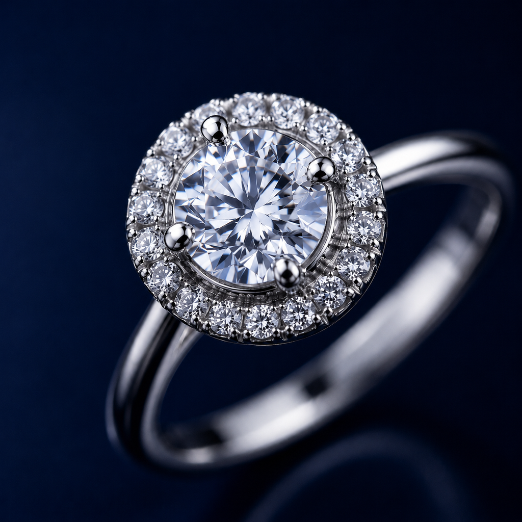 Nhẫn nữ bạc s925 đính moissanite halo cao cấp – ánh sáng tròn đầy, đeo nhẹ tay
