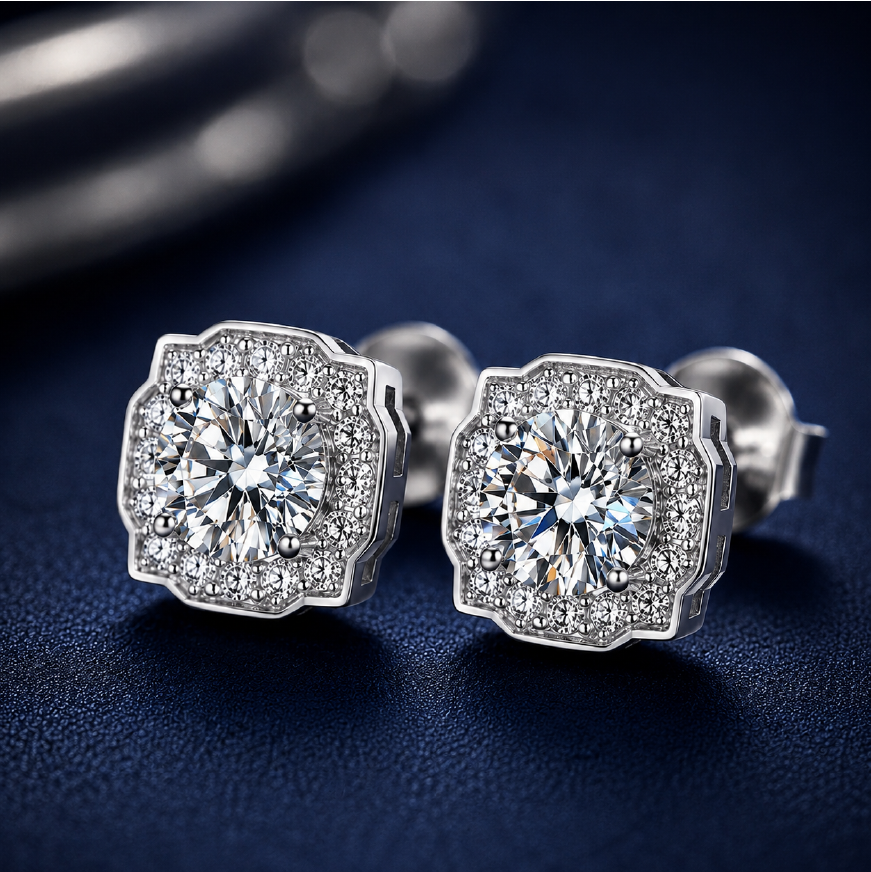 Bông tai bạc 925 đính moissanite 1 carat – dáng vuông viền đá cổ điển